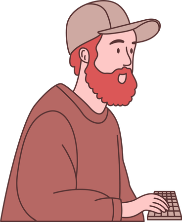 Bearded Man Freelance Employee Character Typing on the Keyboard  Illustration