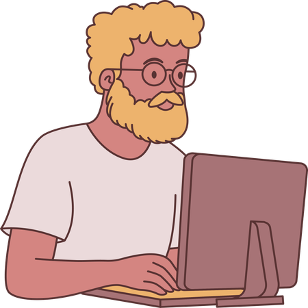 Bearded Man Freelance Employee Character Wearing Glasses Working with Computer  Illustration