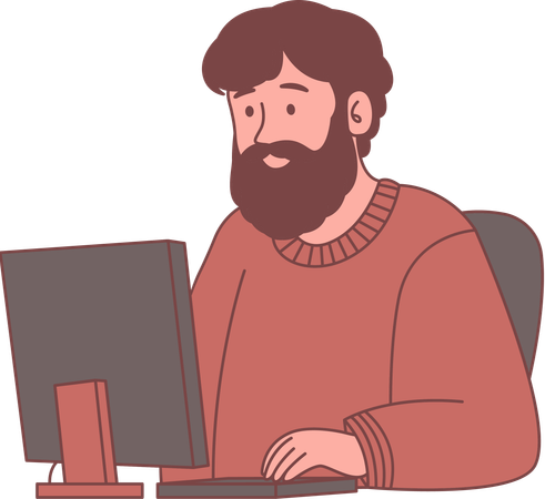 Bearded Man Freelance Employee Character Working with Computer  Illustration