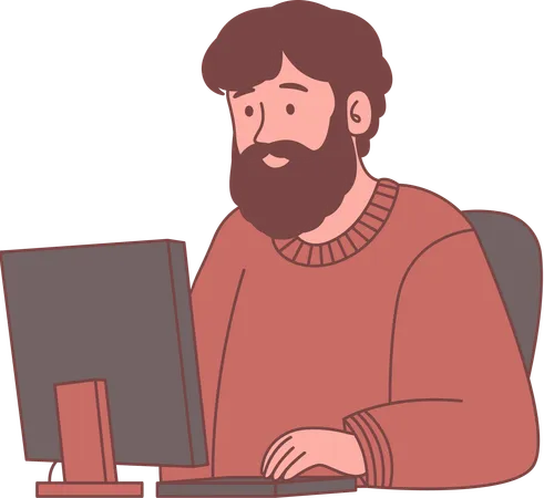 Bearded Man Freelance Employee Character Working with Computer  Illustration