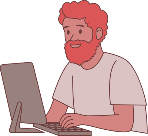 Bearded Man Freelance Employee Character Working with Computer  Illustration