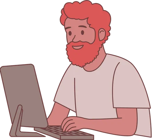 Bearded Man Freelance Employee Character Working with Computer  Illustration