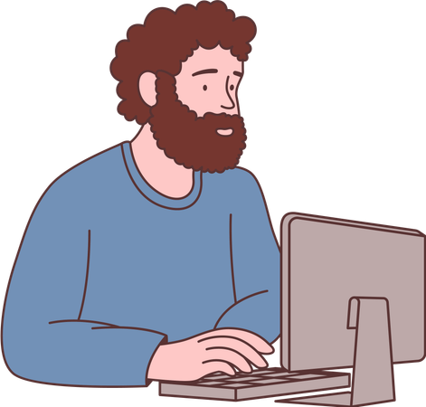 Bearded Man Freelance Employee Character Working with Computer  Illustration