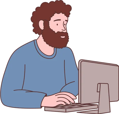 Bearded Man Freelance Employee Character Working with Computer  Illustration