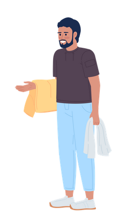 Bearded man holding wet clean towels  Illustration