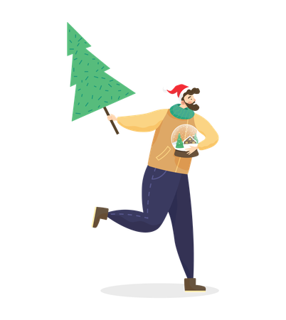 Bearded Man Holding Xmas Pine Tree  Illustration