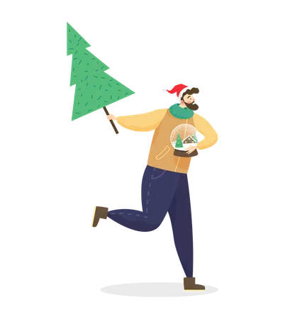 Male Personage Running With Xmas Tree In Hands Bearded Man Holding Snow Globe With Winter Landscape Inside Preparation For Christmas And Greeting With New Year Holidays Vector In Flat Style Illustration