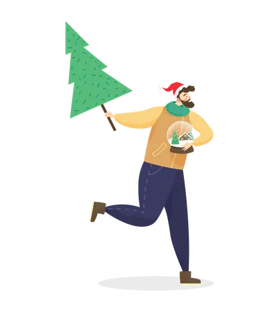 Bearded Man Holding Xmas Pine Tree  Illustration