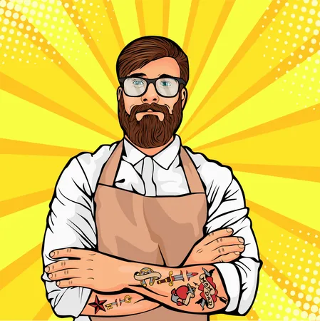 Bearded man in glasses with tattoo on arms  Illustration