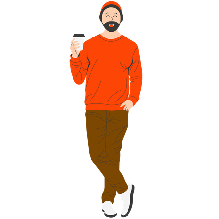 Bearded man in orange sweater enjoying coffee in winter  イラスト