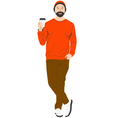 Bearded man in orange sweater enjoying coffee in winter  Illustration