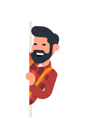 Bearded man popping out from behind of banner with copy space  Illustration