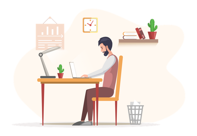 Bearded man sitting at table and working on laptop Illustration