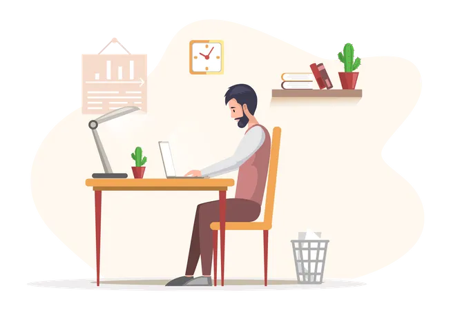 Bearded man sitting at table and working on laptop  Illustration