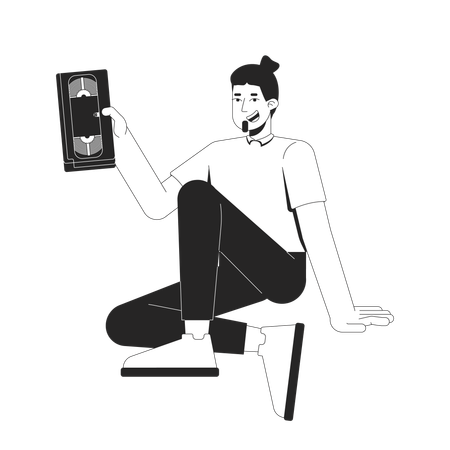 Bearded man sitting casually while holding VHS tape  Illustration