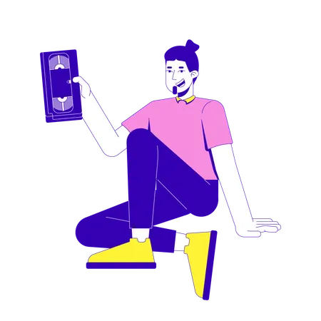 Bearded man sitting casually while holding VHS tape  Illustration