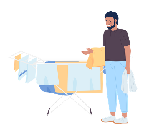 Bearded man standing near clothes drying rack Illustration