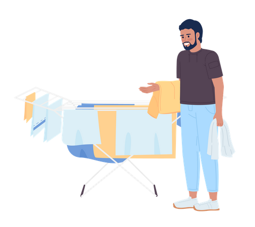 Bearded man standing near clothes drying rack  Illustration