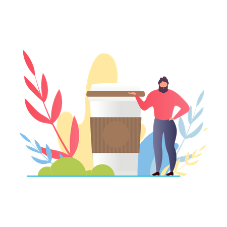 Bearded Man Standing near Huge Coffee Cup  Illustration