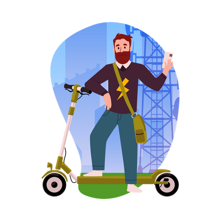 Bearded man uses a phone while renting an electric scooter  Illustration