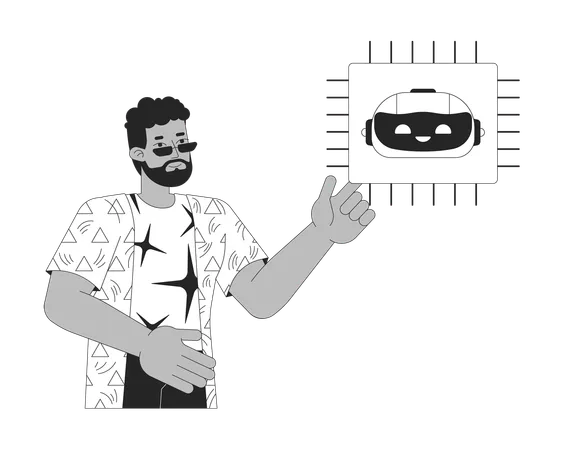 Bearded Man With AI Microchip Black And White 2 D Line Cartoon Character Artificial Intelligence Developer African American Isolated Vector Outline Person Tech Monochromatic Flat Spot Illustration Illustration