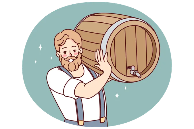 Bearded man with beer barrel  Illustration