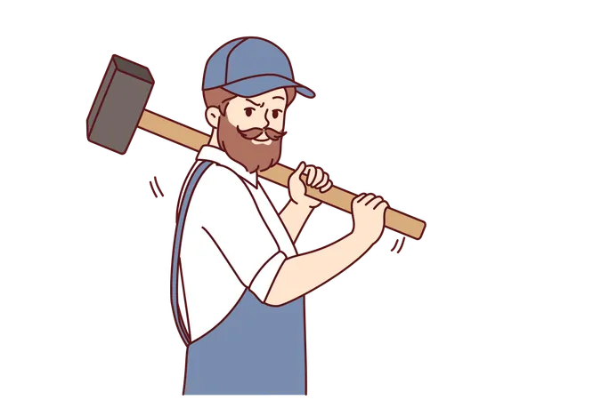 Bearded Man With Hammer Works In Auto Repair Shop Or At Construction Site Dressed In Overalls With Cap Brutal Worker Holding Hammer Offering To Demolish Old House And Build Modern Mansion Illustration