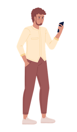 Bearded man with hand in pocket holding phone Illustration