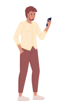 Bearded man with hand in pocket holding phone Illustration