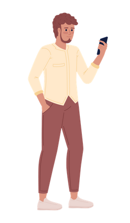 Bearded man with hand in pocket holding phone  Illustration