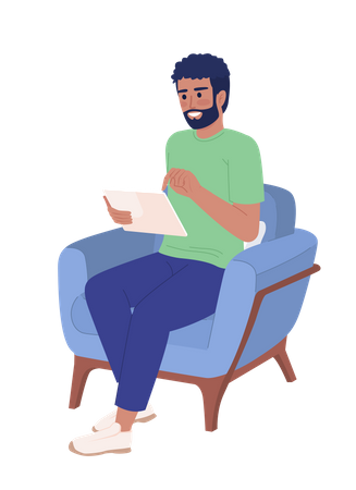 Bearded man with tablet device in armchair Illustration