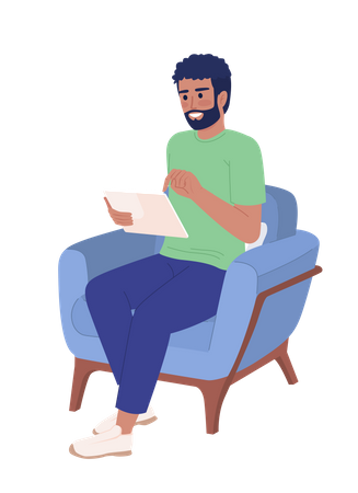 Bearded man with tablet device in armchair  Illustration