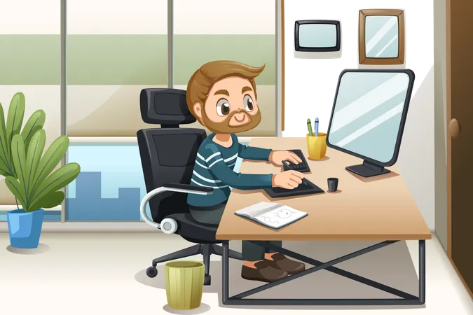 Bearded man working at office Illustration