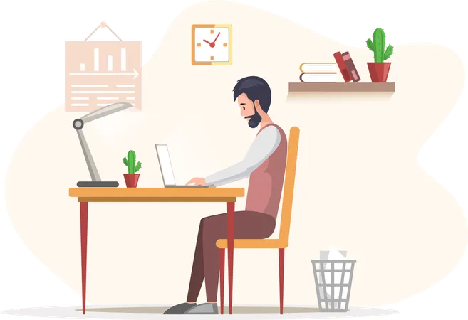 Bearded man working sitting at table in room and correspondence surfing Internet  Illustration