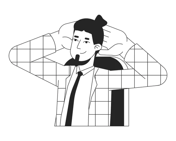 Bearded Office Man Keeping Hands Behind Head Black And White 2 D Line Cartoon Character Caucasian Adult Male Isolated Vector Outline Person Workplace Break Enjoy Monochromatic Flat Spot Illustration Illustration