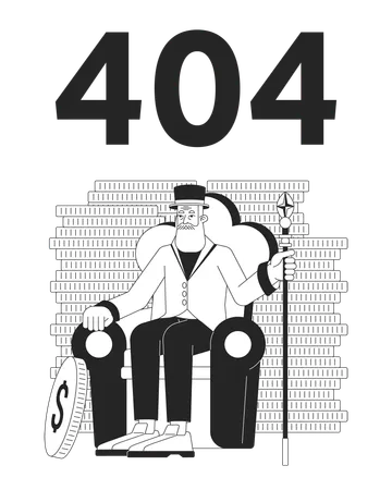 Bearded old businessman among coins error 404 flash message  Illustration