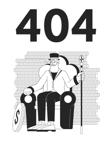 Bearded old businessman among coins error 404 flash message  Illustration