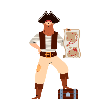 Bearded pirate with map and treasure chest  Illustration