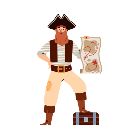 Bearded pirate with map and treasure chest  Illustration