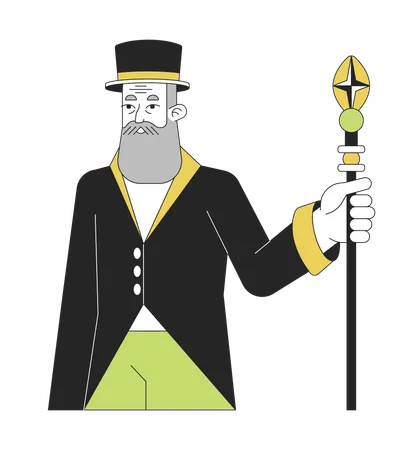 Bearded Senior Man In Hat Flat Line Color Vector Character Editable Outline Full Body Person In Evening Dress Holding Wizard Staff On White Simple Cartoon Spot Illustration For Web Graphic Design Illustration