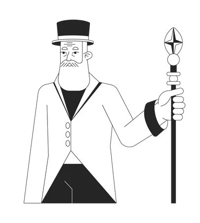 Bearded Senior Man In Hat Flat Line Black White Vector Character Editable Outline Full Body Person In Evening Dress Holding Staff Simple Cartoon Isolated Spot Illustration For Web Graphic Design Illustration