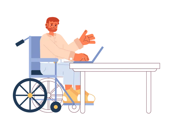 Bearded Caucasian Wheelchair Man On Laptop 2 D Cartoon Character Disabled Beard Guy Working Notebook Isolated Vector Person White Background Work From Home Remote Job Color Flat Spot Illustration Illustration