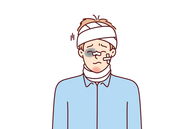 Beaten man with bandages on his head and band-aid on his face  Illustration