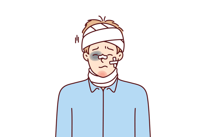 Beaten man with bandages on his head and band-aid on his face  イラスト