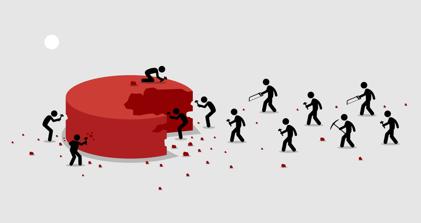 Beaucoup de gens se précipitent et se démènent pour couper eux-mêmes une part d’un gros morceau de tarte.  Illustration