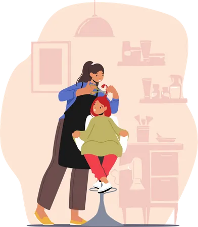 Beautician Grooming Place For Kid Young Girl Groomer In Beauty Salon Cut Child Hair With Scissors Hairdresser Master Character Do Hairstyle For Baby In Barbershop Cartoon People Vector Illustration Illustration