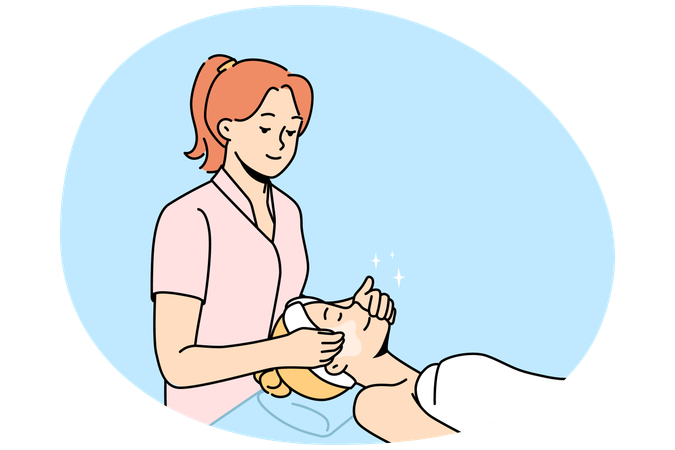 Beautician make face massage to female client in beauty salon  Illustration
