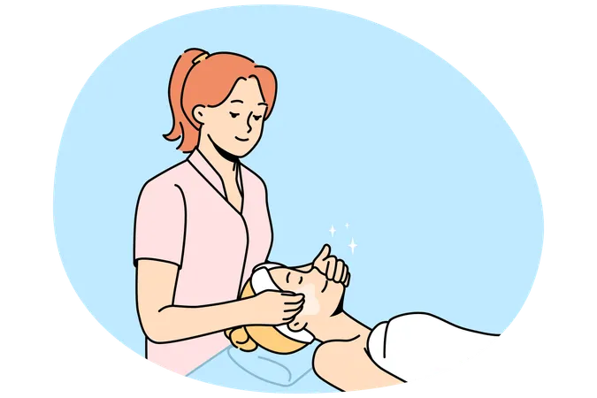 Beautician make face massage to female client in beauty salon  Illustration