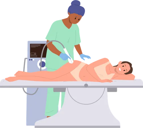 Beautician providing hair removal procedure for female client with apparatus  Illustration