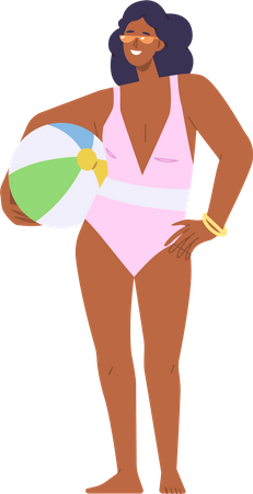 Beautiful adult woman wearing summer swimsuit and sunglasses carrying beach ball Illustration
